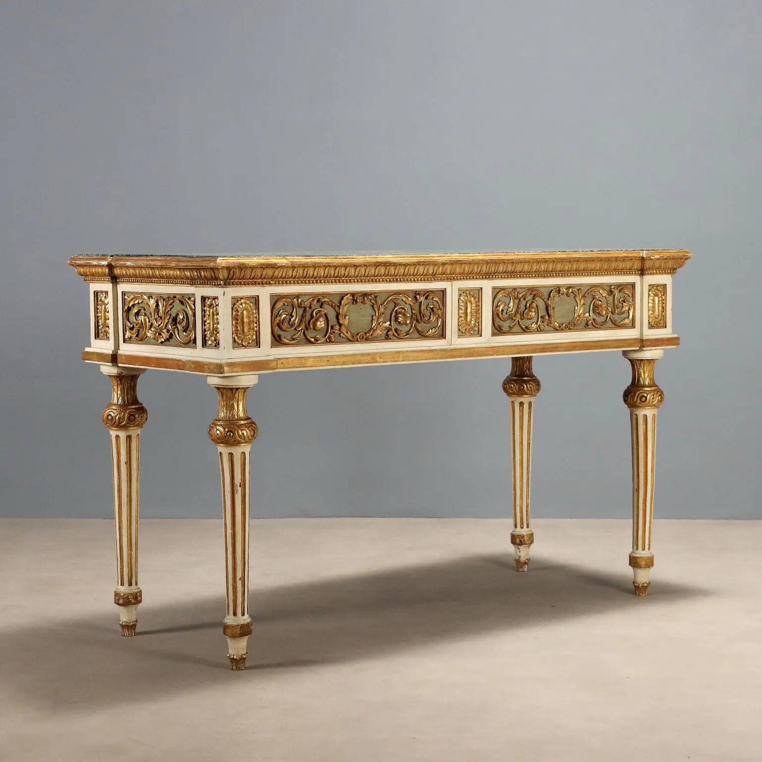 Table éclectique ancienne en bois laqué et marbre, Italie, XIXe siècle
