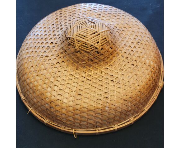 Ancien chapeau asiatique chinois tissé en paille osier bambou | Selency