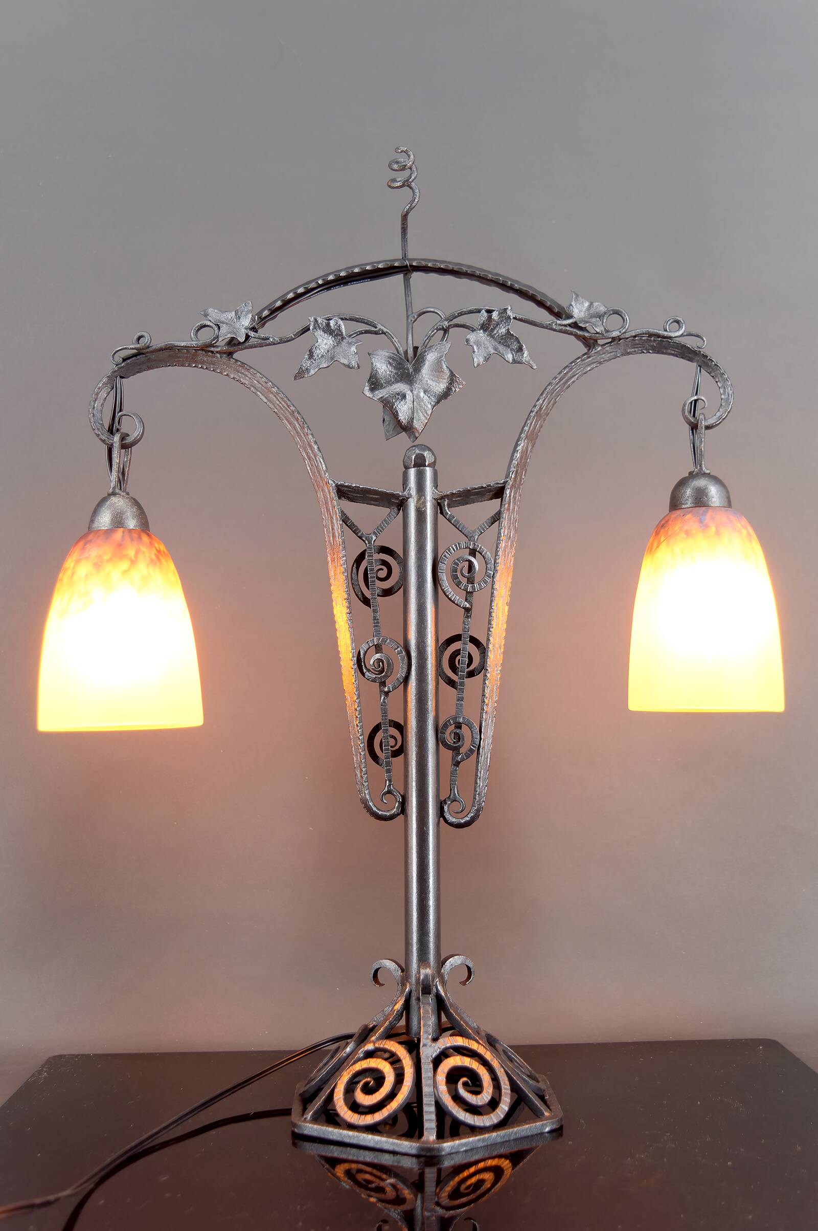 Important Double-Headed Lamp, Wrought Iron by Schneider, France, c. 1920