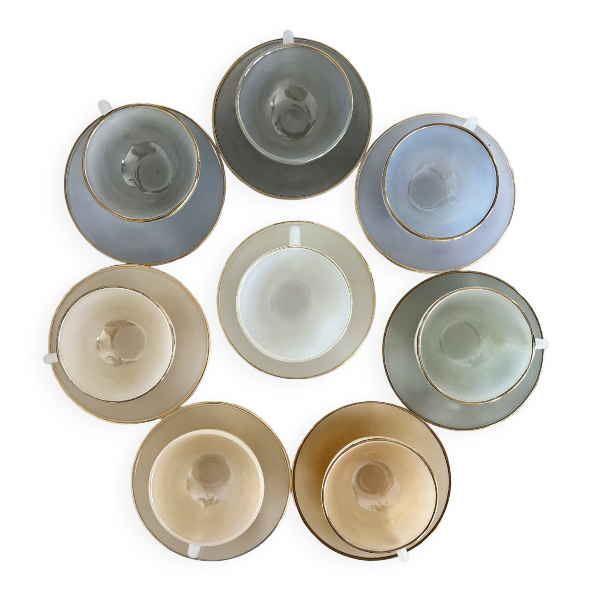 8 vintage cups and saucers Arcopal Harlequin opaline pastel tones with gold edging