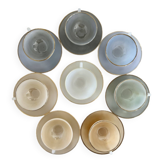 8 vintage cups and saucers Arcopal Harlequin opaline pastel tones with gold edging