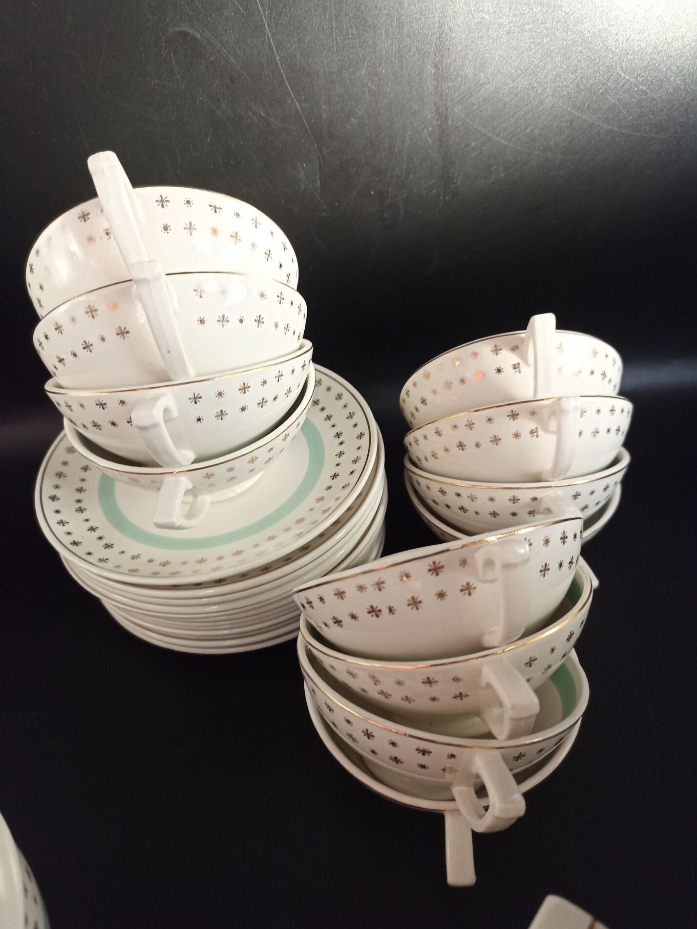 Tea set stars and mint green in semi-porcelain
