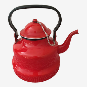 Red enameled metal teapot with chain