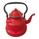Red enameled metal teapot with chain