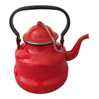 Red enameled metal teapot with chain