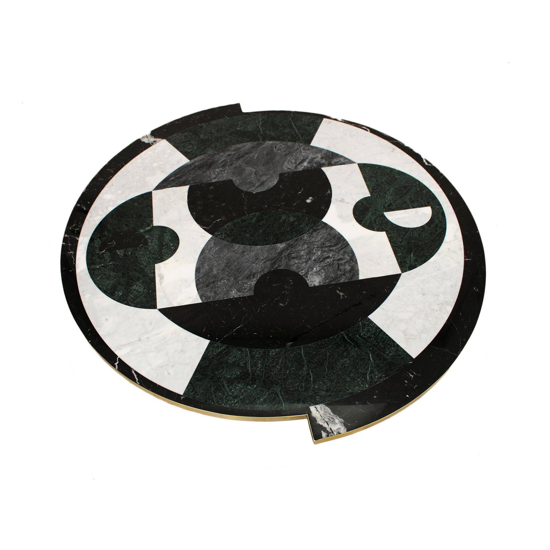 Contemporary Rare Round Italian Table Made of Marble Marquetry Marble and Brass