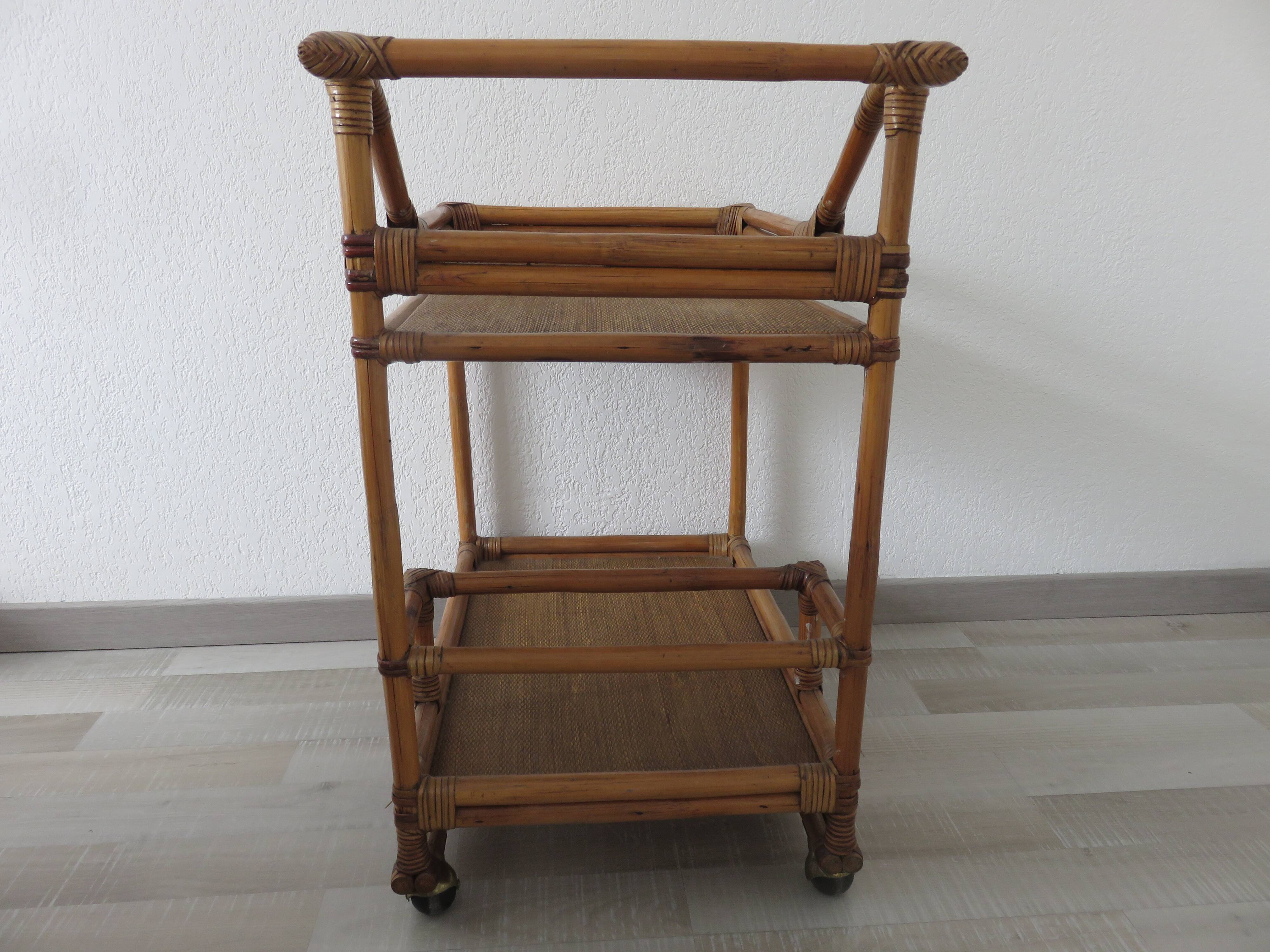 Rolling table, bamboo rattan service 70s