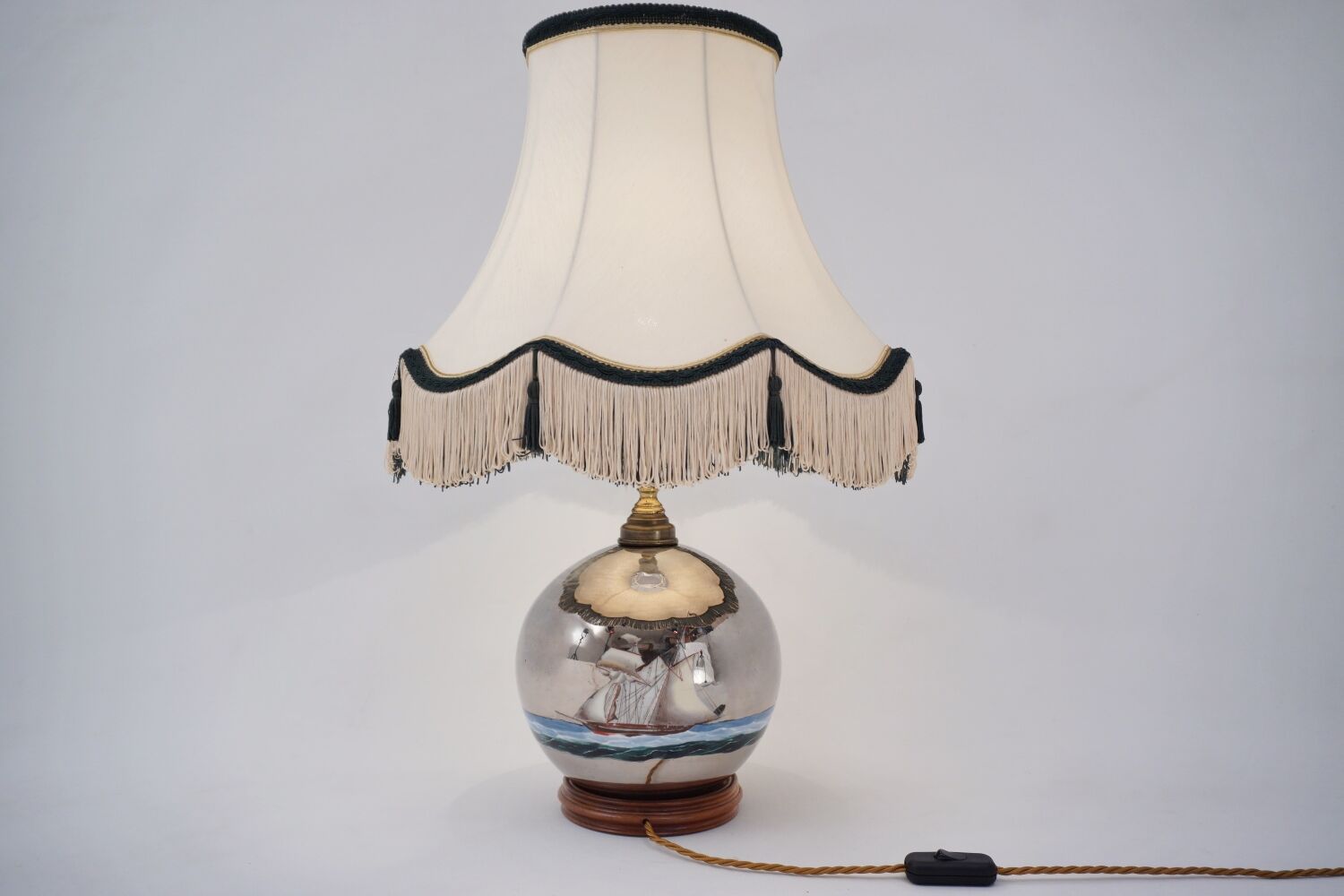 Lampe de table antique en verre mercure, galion et navire, soufflé à la main, années 1920, anglais, recâblé