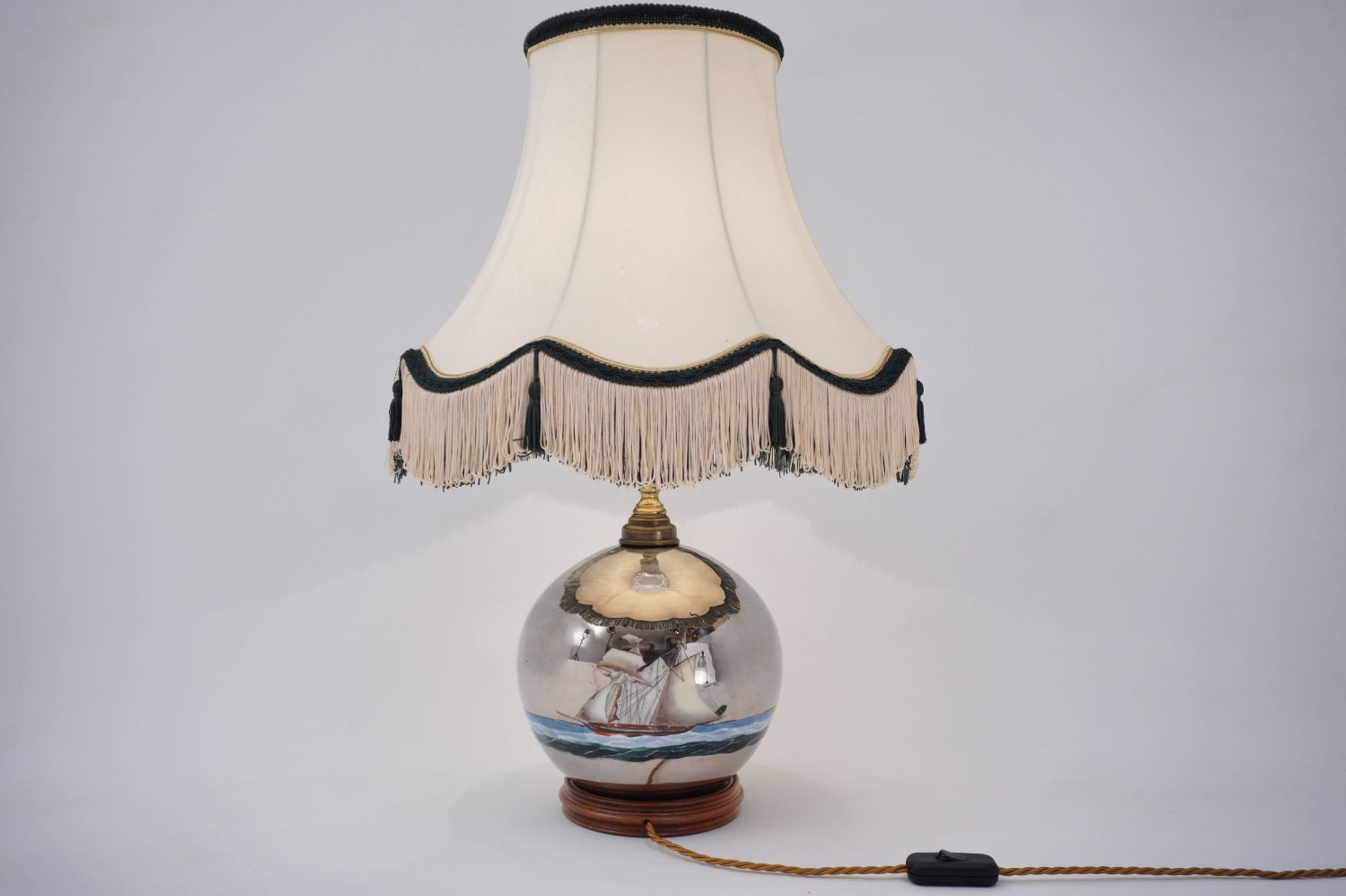 Lampe de table antique en verre mercure, galion et navire, soufflé à la main, années 1920, anglais, recâblé