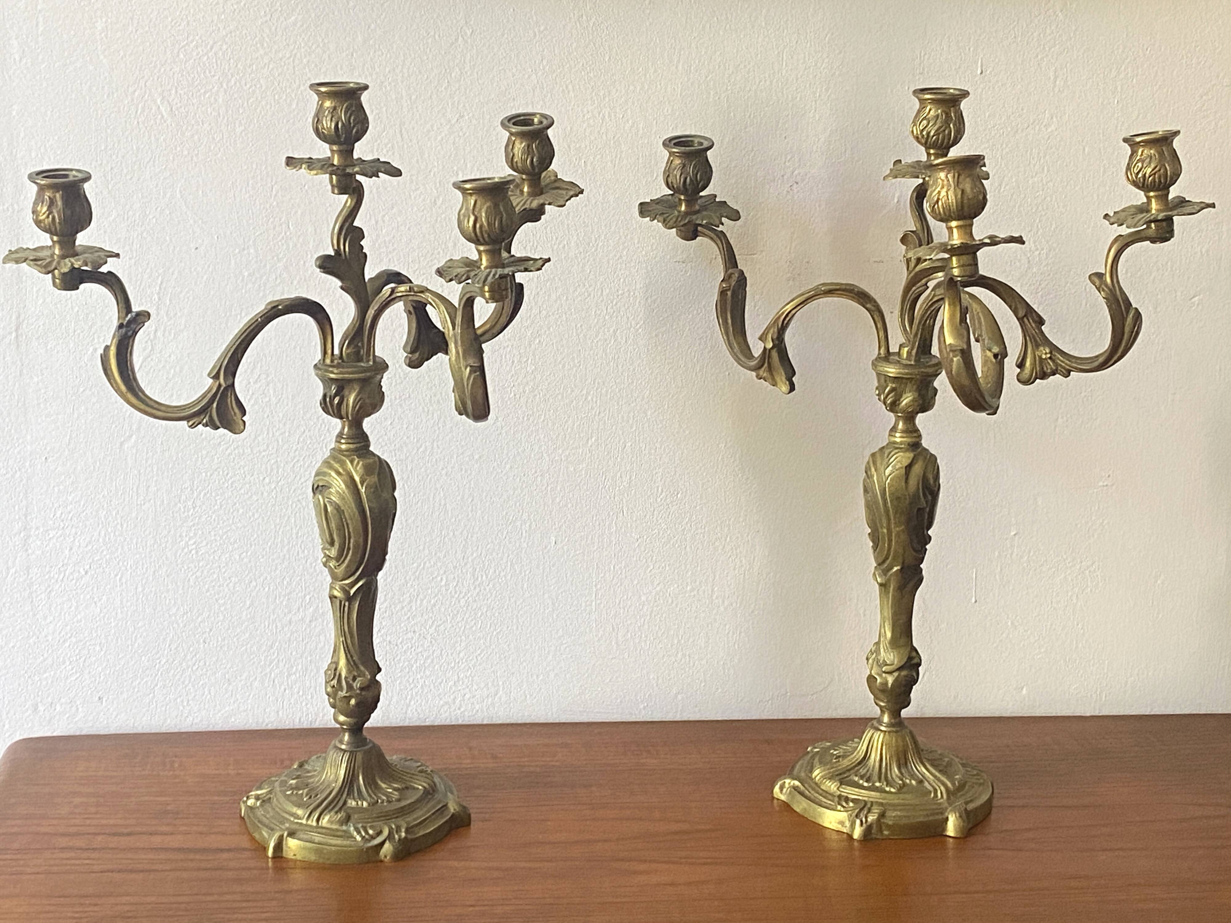 Pair of Louis XV style gilt bronze candlesticks / candelabras - H: 49 cm