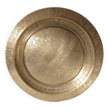 Plateau marocain gravé rond métal doré , cuivre jaune