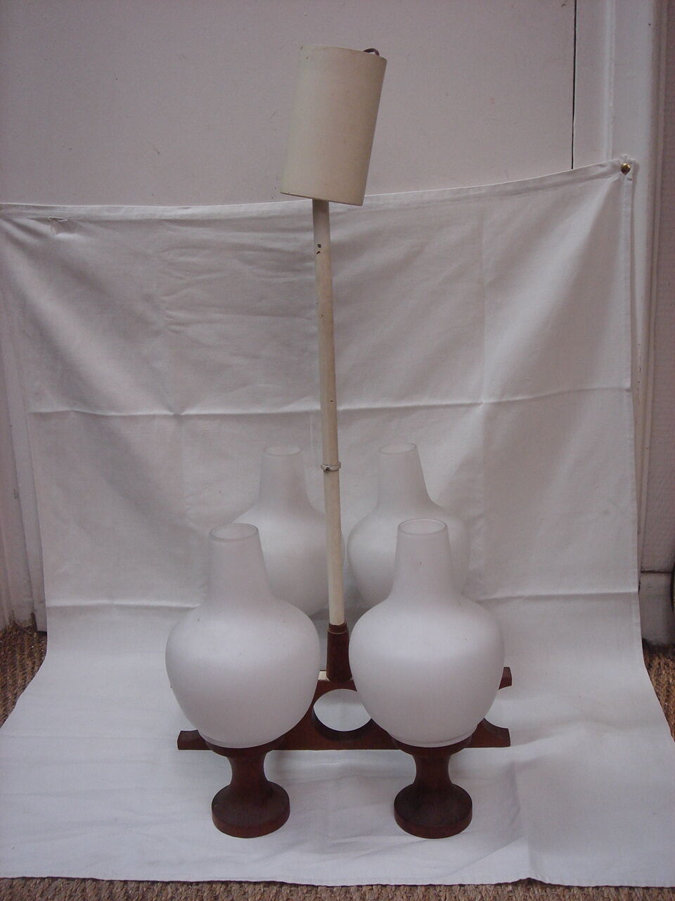 Scandinavian teak chandelier white opaline 1950