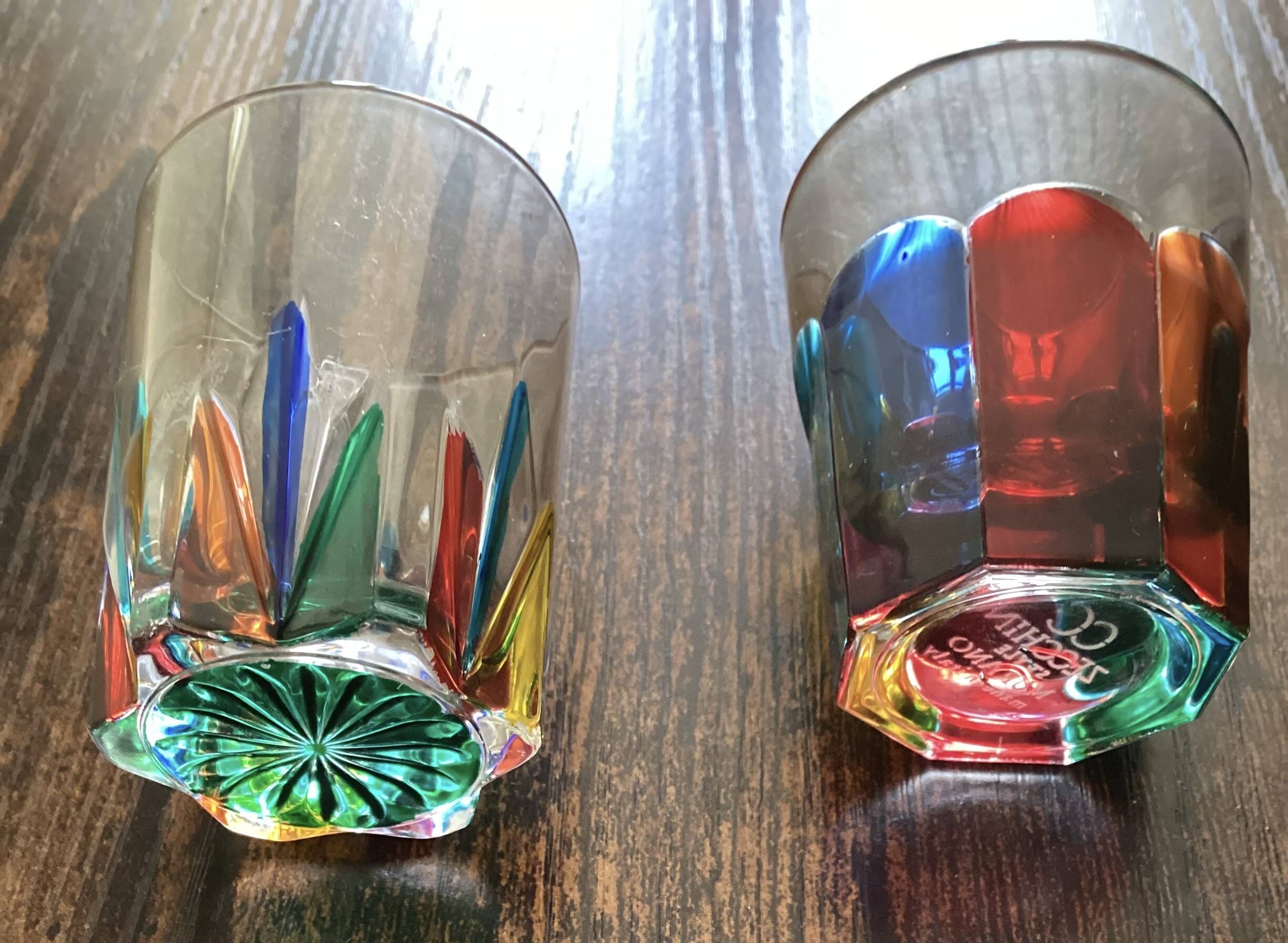 Two Shot Glasses,: One Murano, One CC Zechin using Murano Techniques.