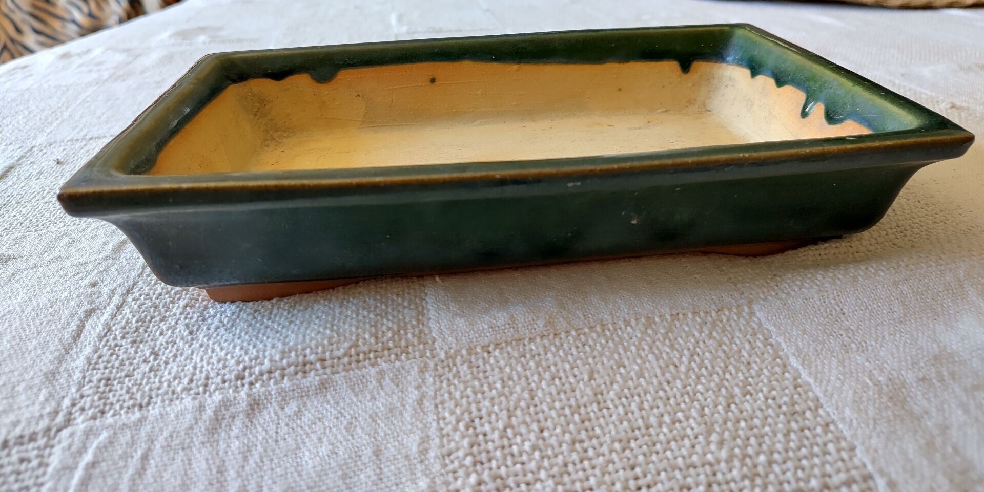 Rectangular glazed green ceramic bonsai pot