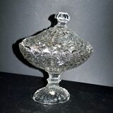 Large oval bonbonnière/dragee dish in molded crystal with diamond and pearl decoration, circa 1900