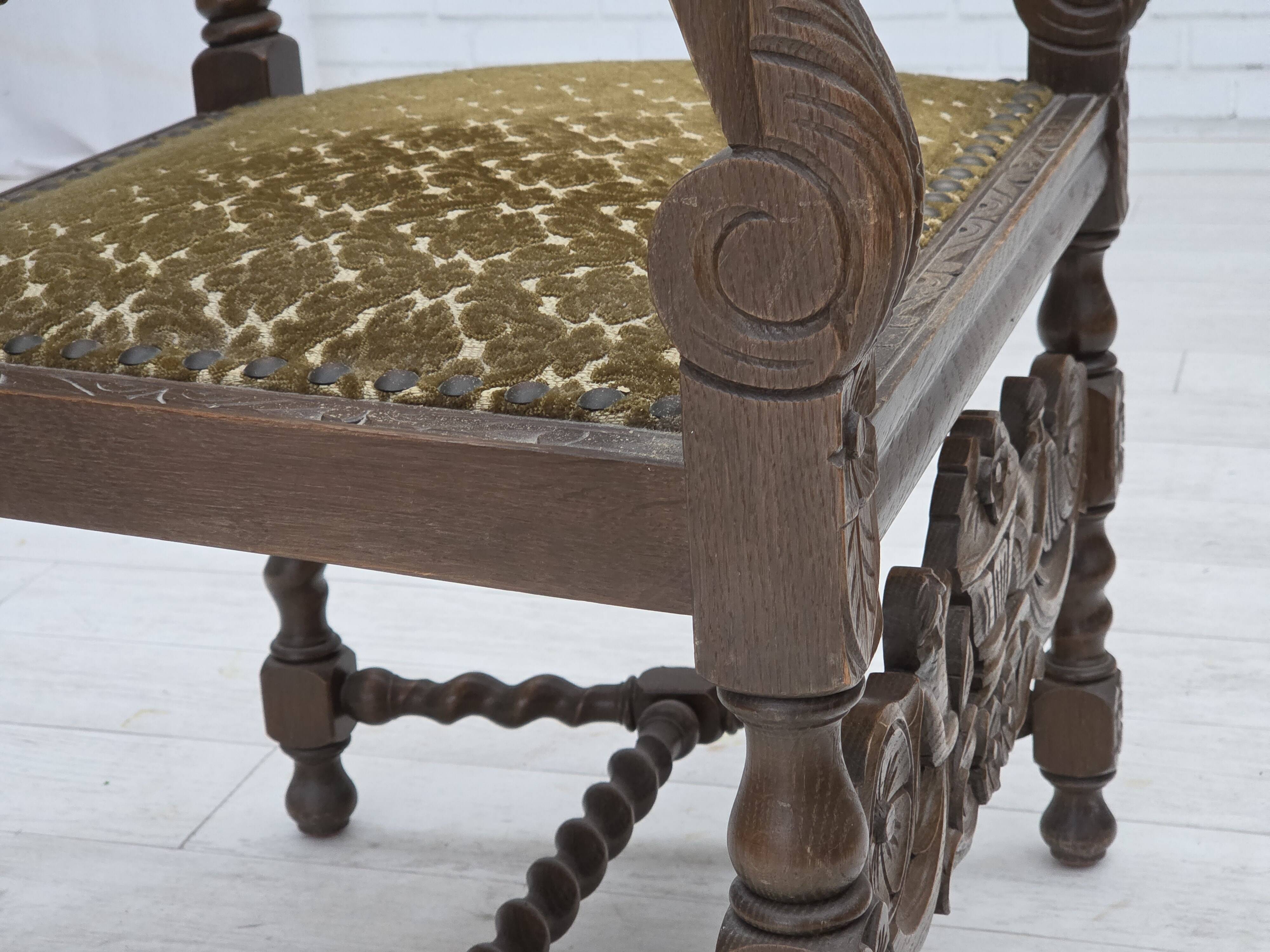 1930s, Danish highback armchair, furniture mesh, velour, carved oak wood.