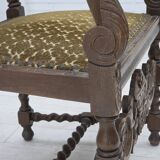 1930s, Danish highback armchair, furniture mesh, velour, carved oak wood.