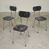 Set of 3 black marbled formica chairs from the 60s