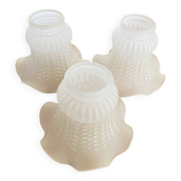 Lot de 3 Tulipes Abat-jour Ancien en Verre Dépoli - Motif Épi de Blé