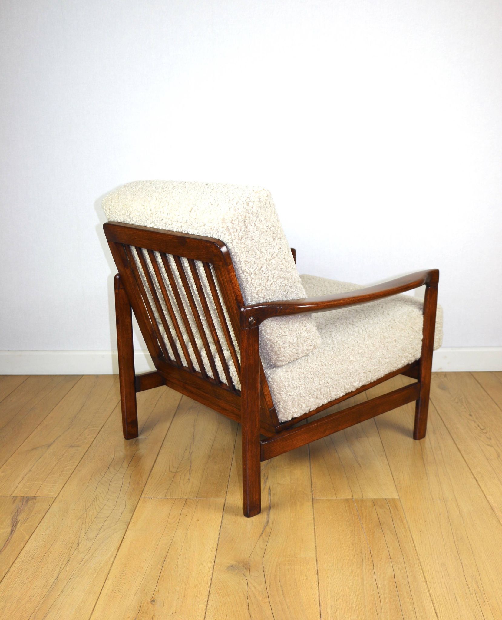 Wooden vintage brown armchair beige ivory long pile boucle design by Z. Bączyk - 2 pieces available