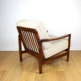 Wooden vintage brown armchair beige ivory long pile boucle design by Z. Bączyk - 2 pieces available