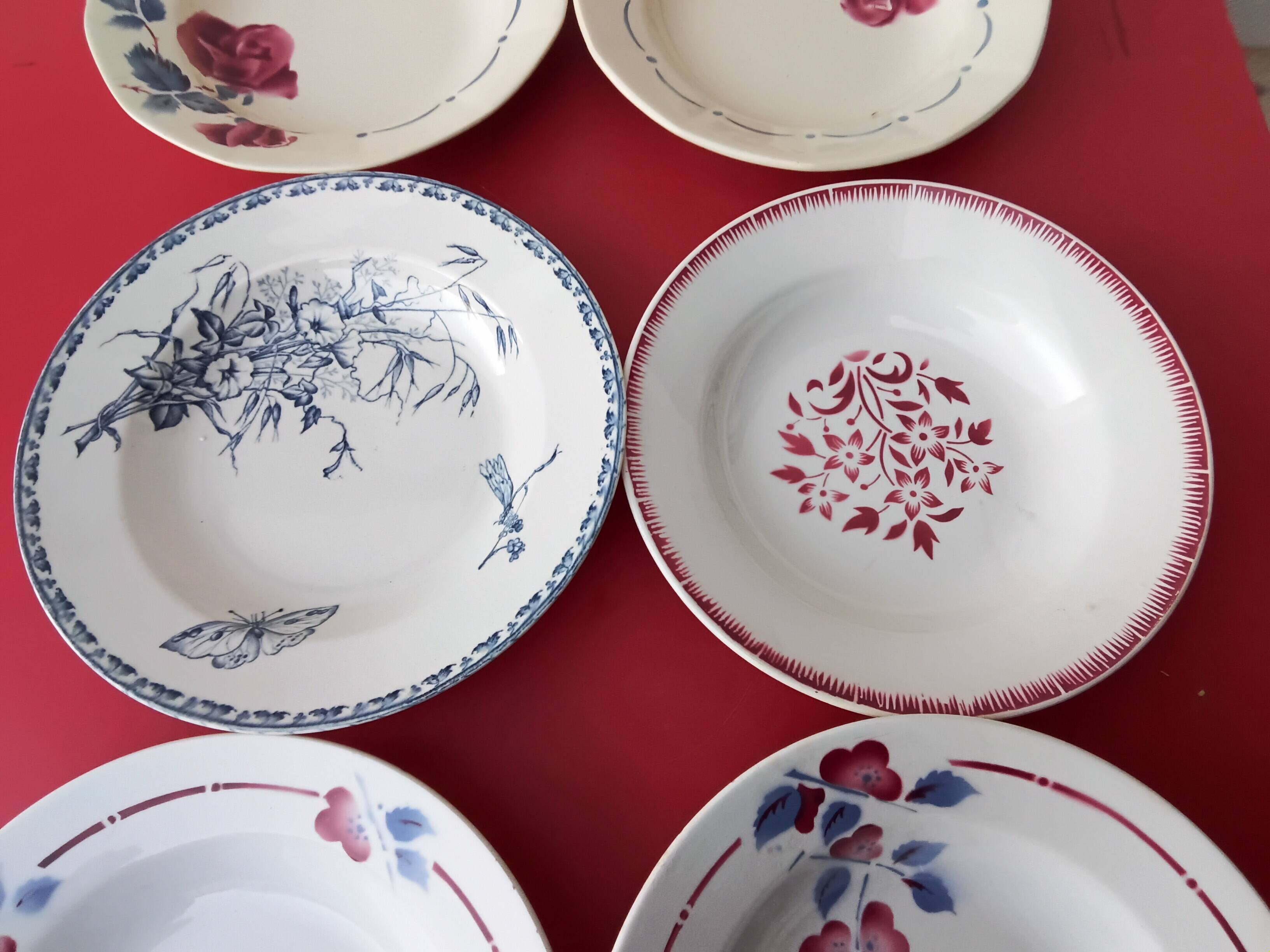 Set of six mismatched antique soup plates
