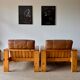 2 pine and leather armchairs from the 1970s