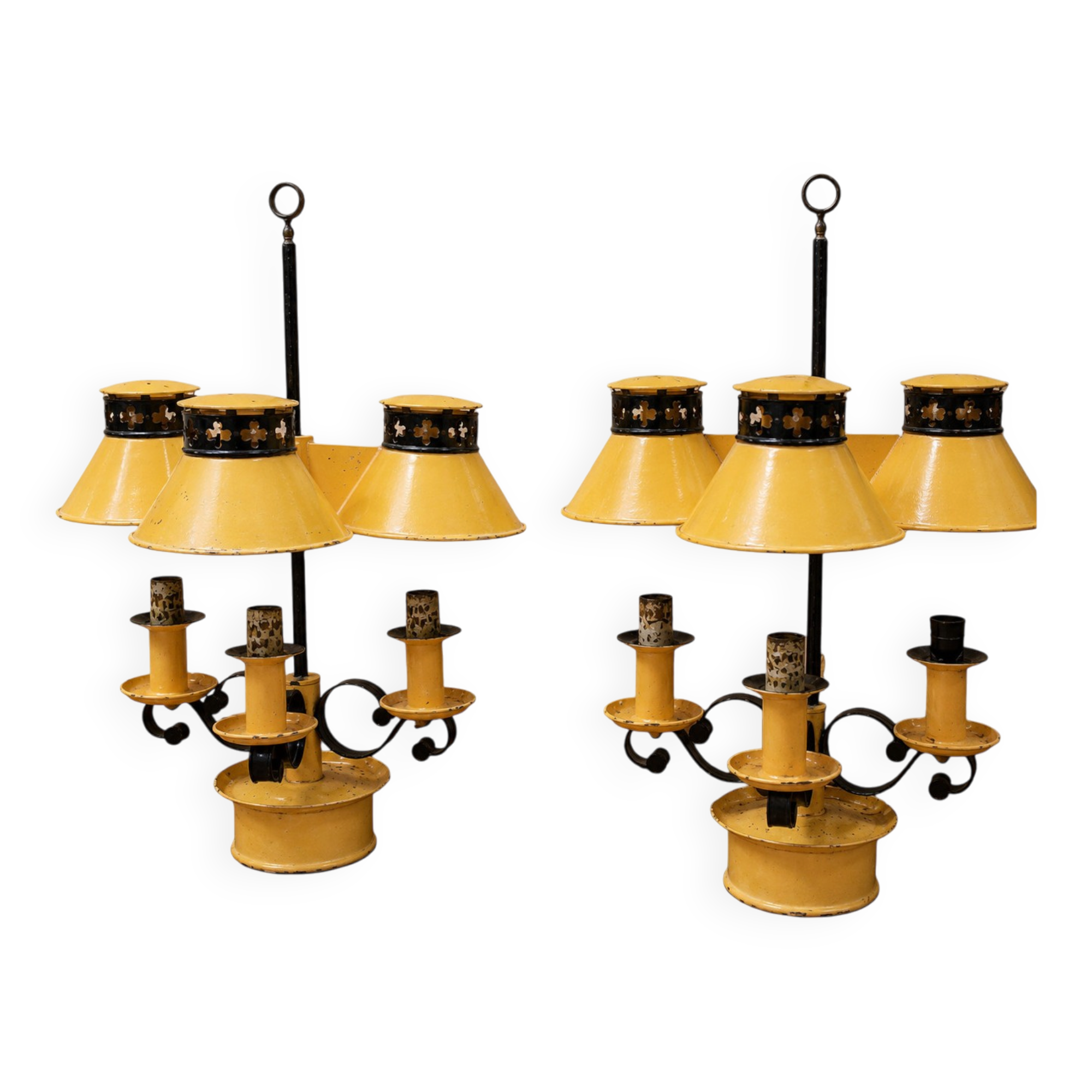 Pair of Empire style three-light bouillotte lamps in lacquered sheet metal.