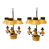 Pair of Empire style three-light bouillotte lamps in lacquered sheet metal.