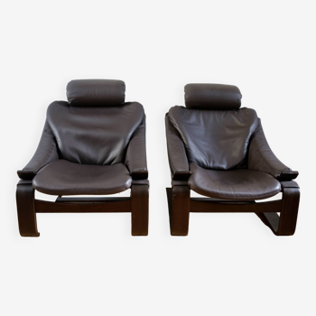 Pair of Scandinavian leather lounge chairs Kroken Ake Frybiter for Roche Bobois