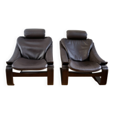 Pair of Scandinavian leather lounge chairs Kroken Ake Frybiter for Roche Bobois