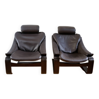 Pair of Scandinavian leather lounge chairs Kroken Ake Frybiter for Roche Bobois