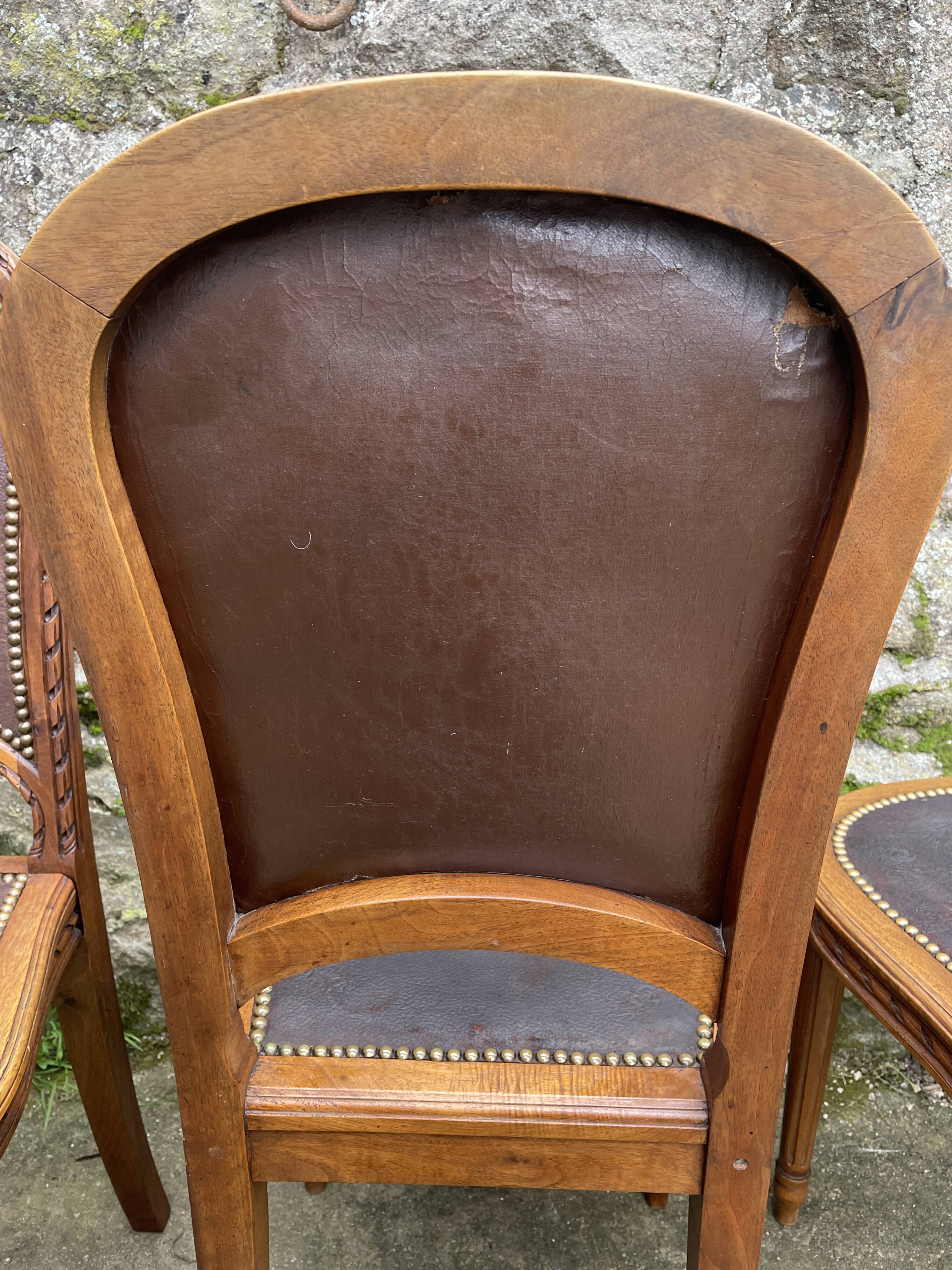 6 Louis XVI style chairs in solid beech and Cordovan leather, 1900