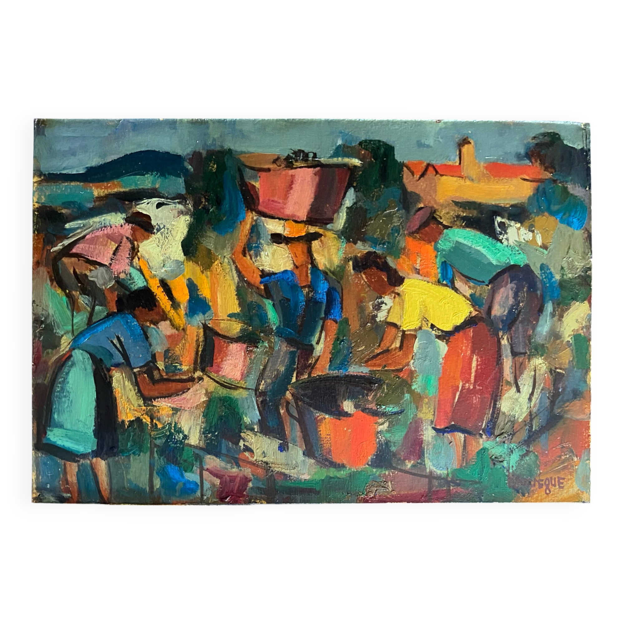 Huile sur carton signée Jean Hourrègue “Vendanges”