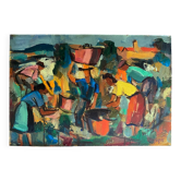 Oil on cardboard signed Jean Hourrègue "Grape Harvest"