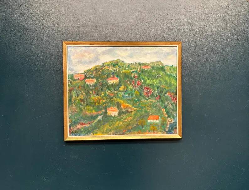 Original Swedish Oil on Canvas – “Hilly Landscape with Houses” by Lalla Blecher – Signed – Vintage & Framed