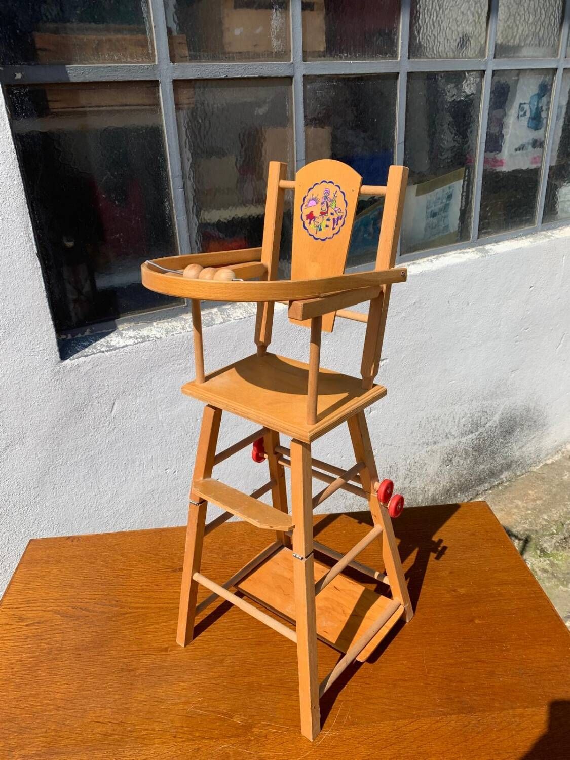 Vintage wooden toy doll high chair from the 70s