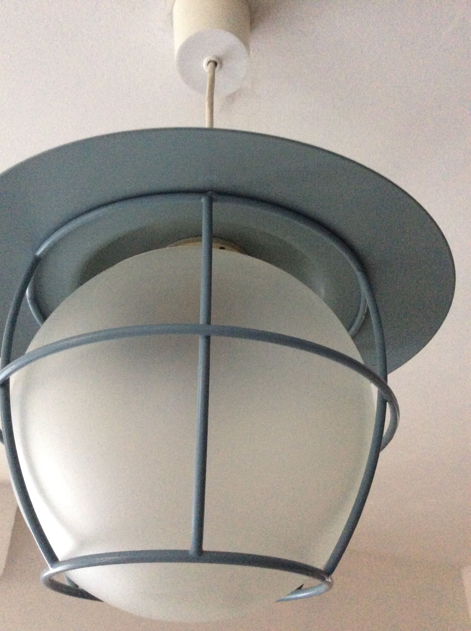 Suspension of the 70s cage in blue metal and frosted glass