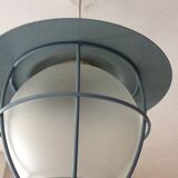 Suspension of the 70s cage in blue metal and frosted glass