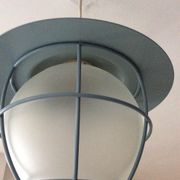 Suspension of the 70s cage in blue metal and frosted glass