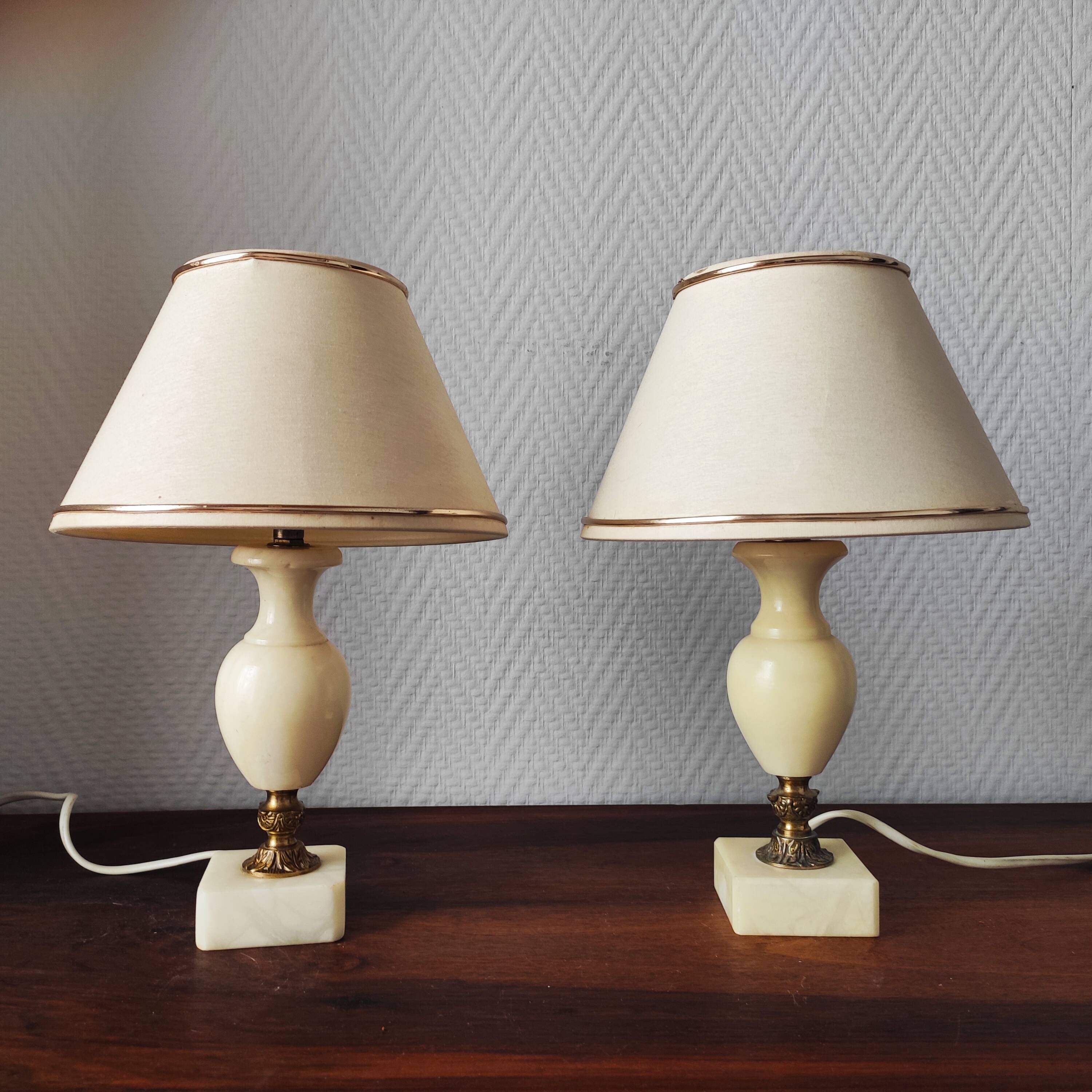 Pair of antique alabaster bedside lamps