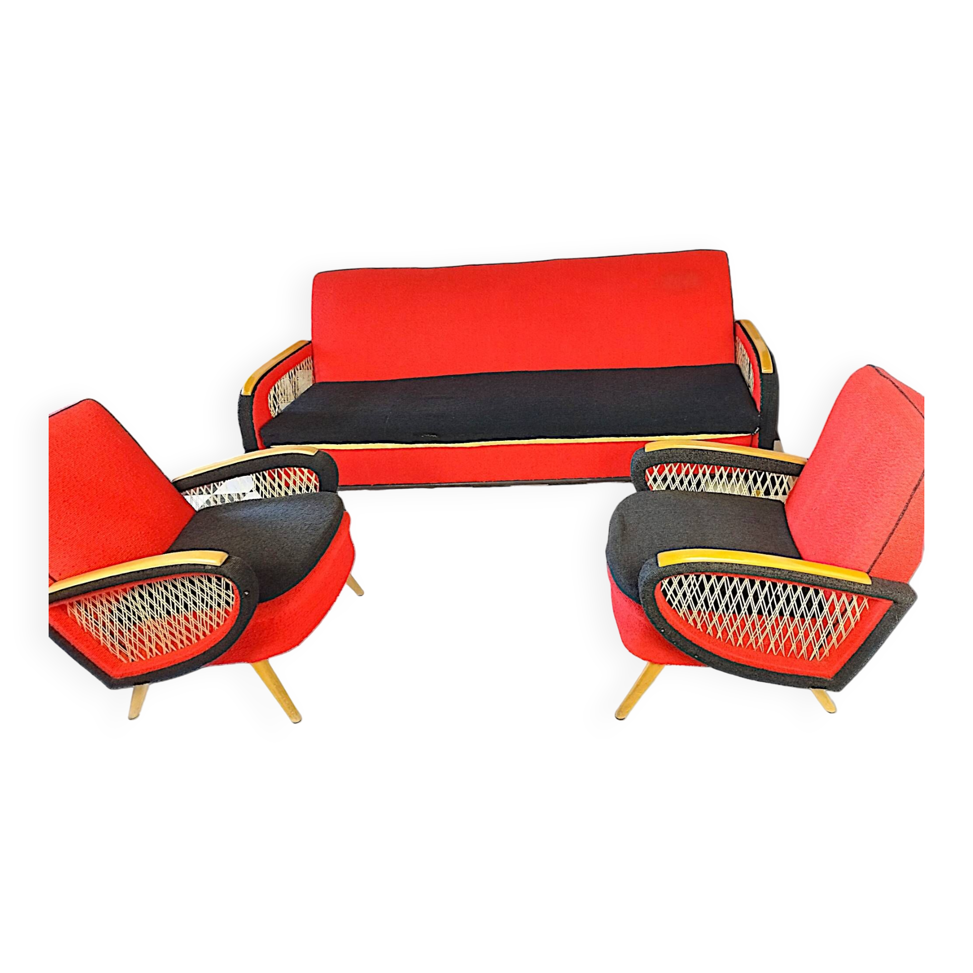 Ensemble de salon Vintage Rockabilly, canapé convertible et fauteuils.