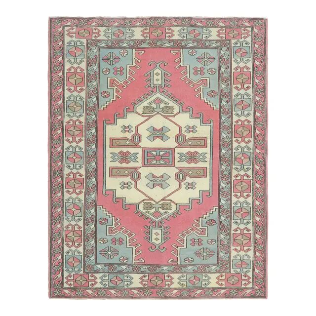 1970s vintage Turkish Oushak handmade wool cotton pink area rug 190x245