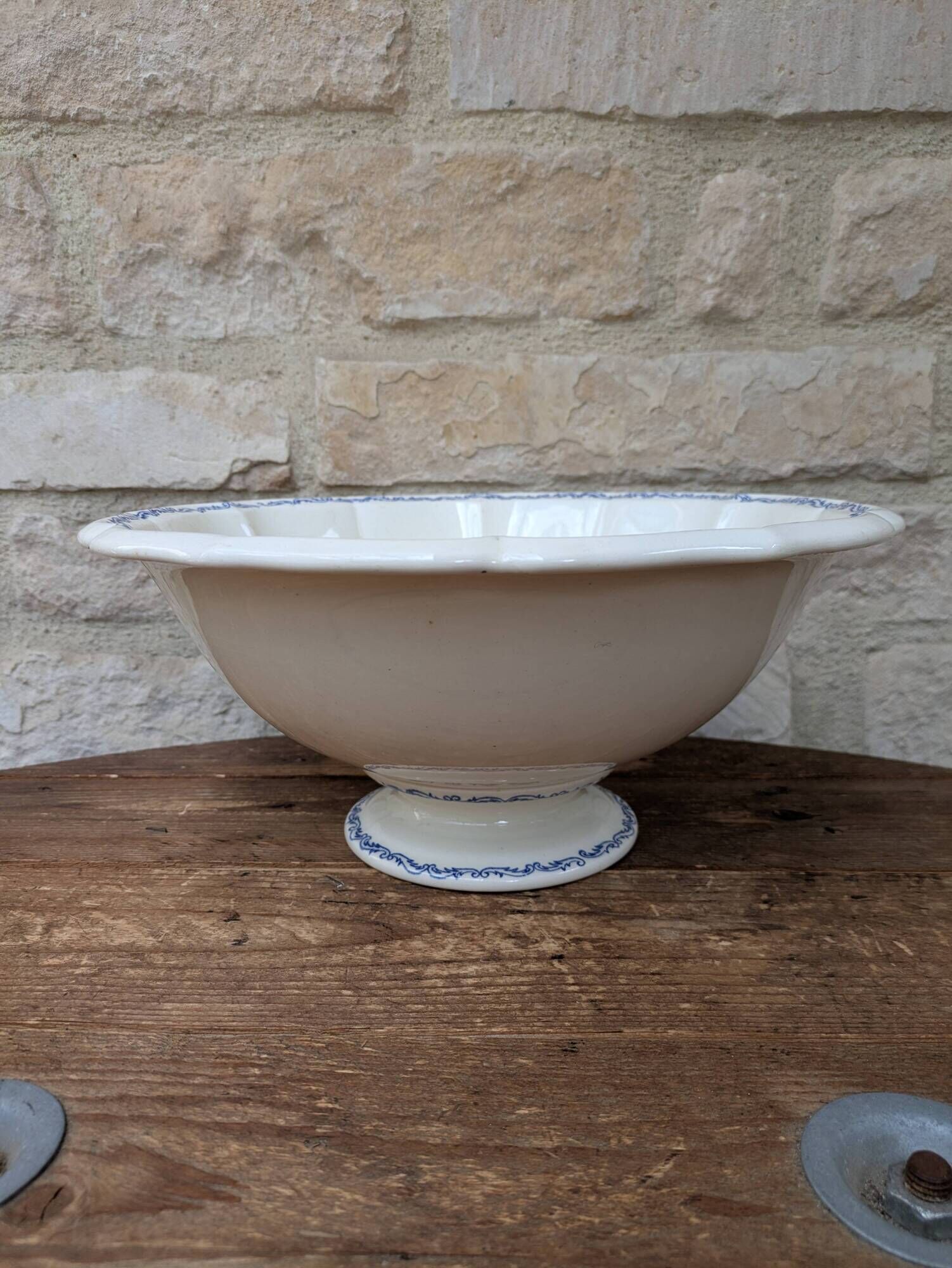 Vintage large salad bowl Gien Rouen model blue arabesques 30x14cm