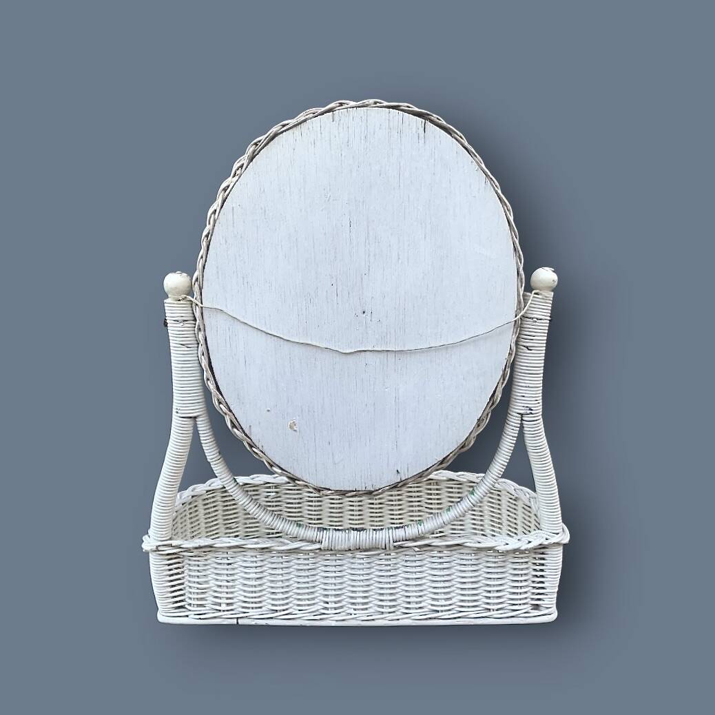 Off-white rattan vanity mirror – floral decoration – 1960s–1970s