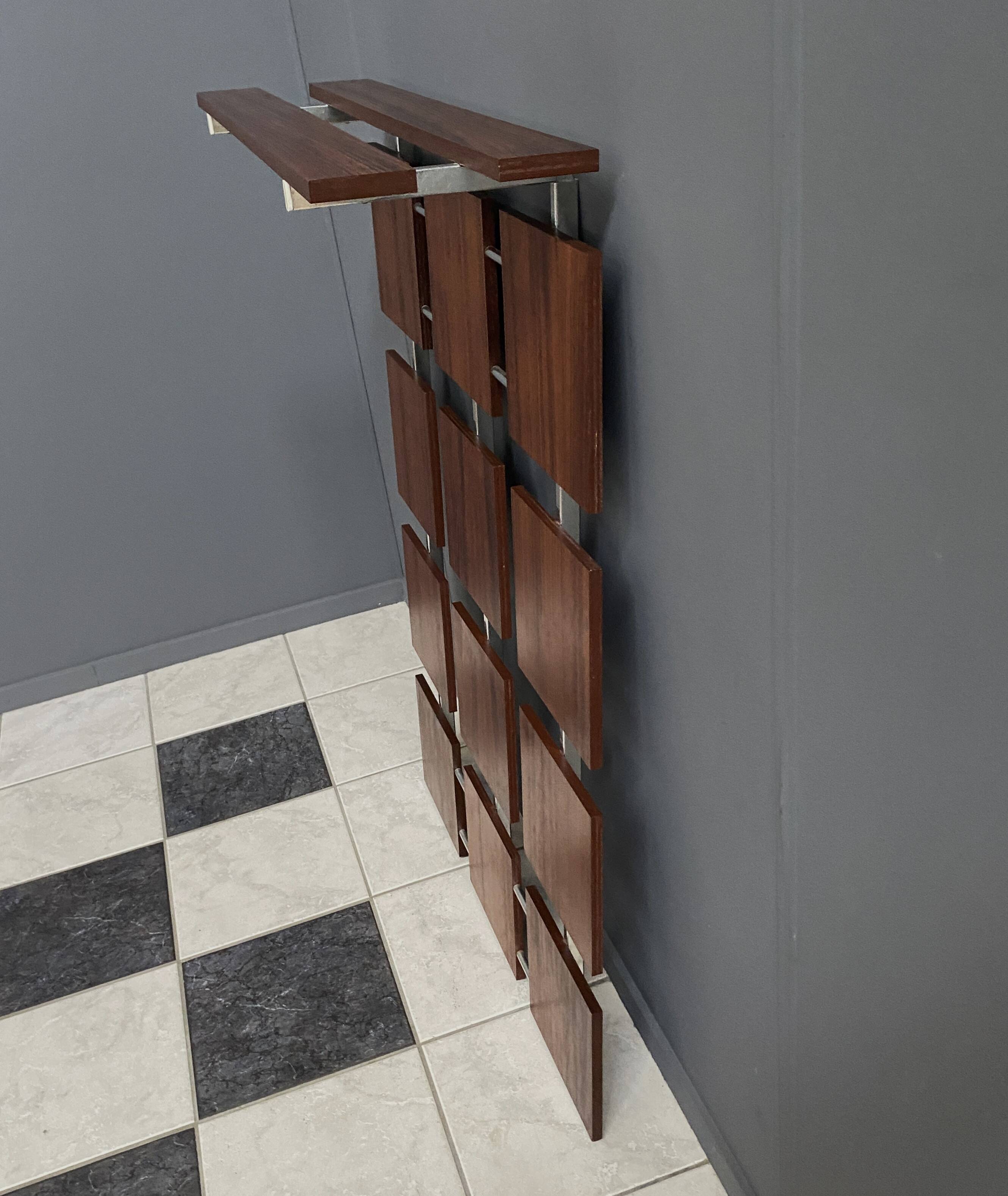 Coat rack wall unit in palisander wood veneer and chrome 1960s