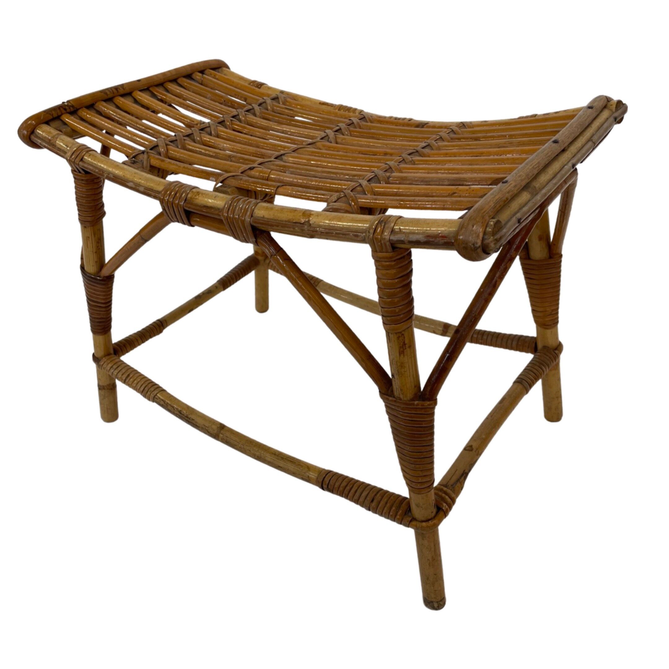 Vintage rattan bamboo footstool stool 1960s