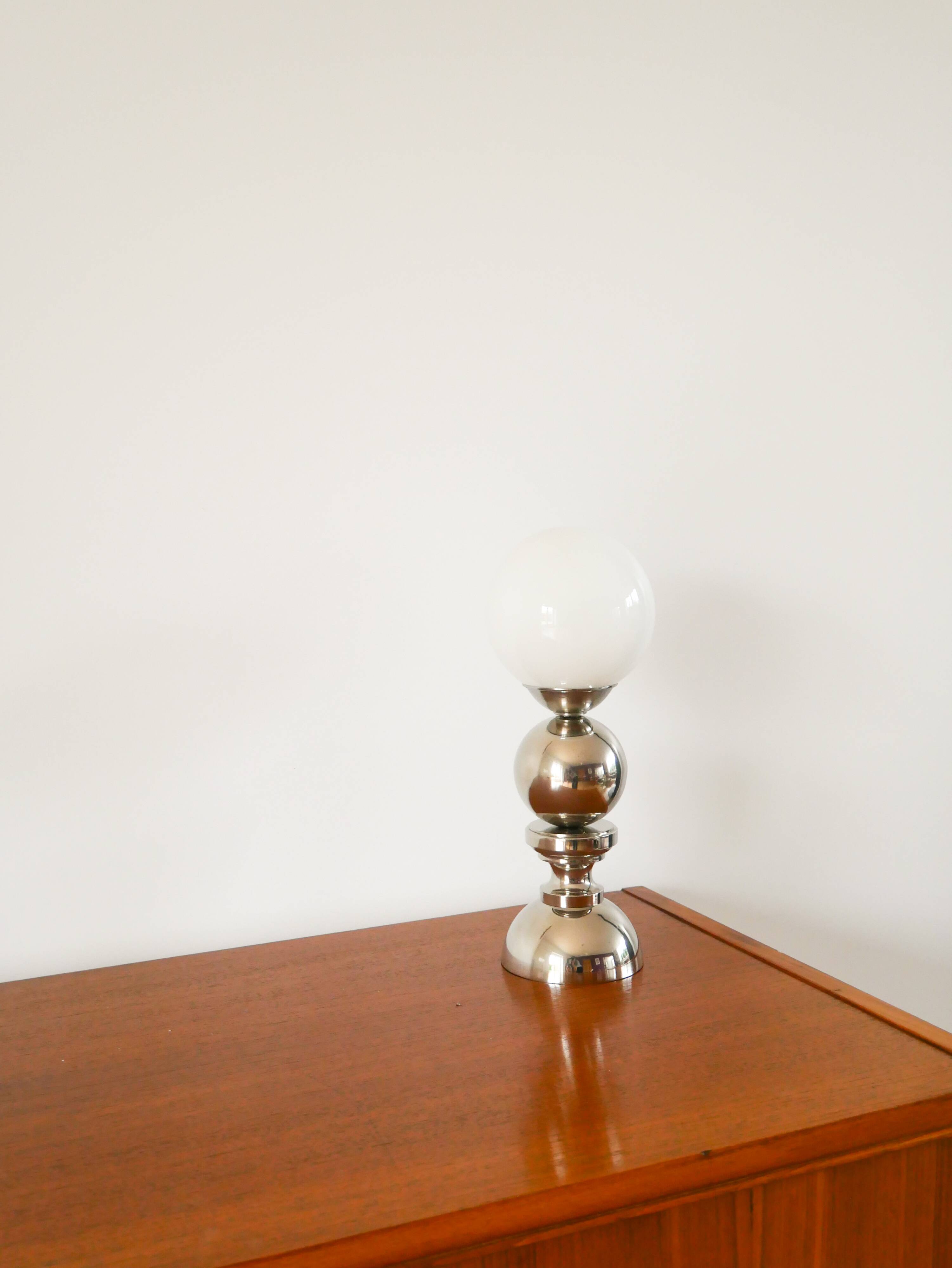Chromed metal lamp and opaline globe, Space Age Design, 1970
