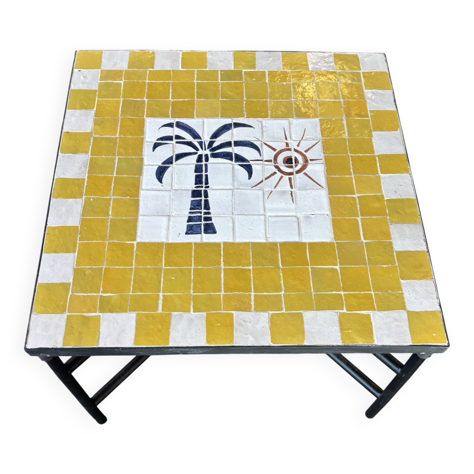 Square coffee table in yellow zellige, palm tree design.