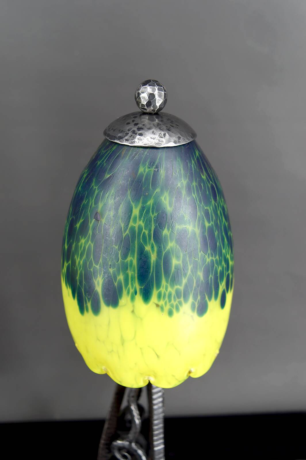 Pair of Wrought Iron & Blown Glass Lamps, France, Art Deco, c. 1930